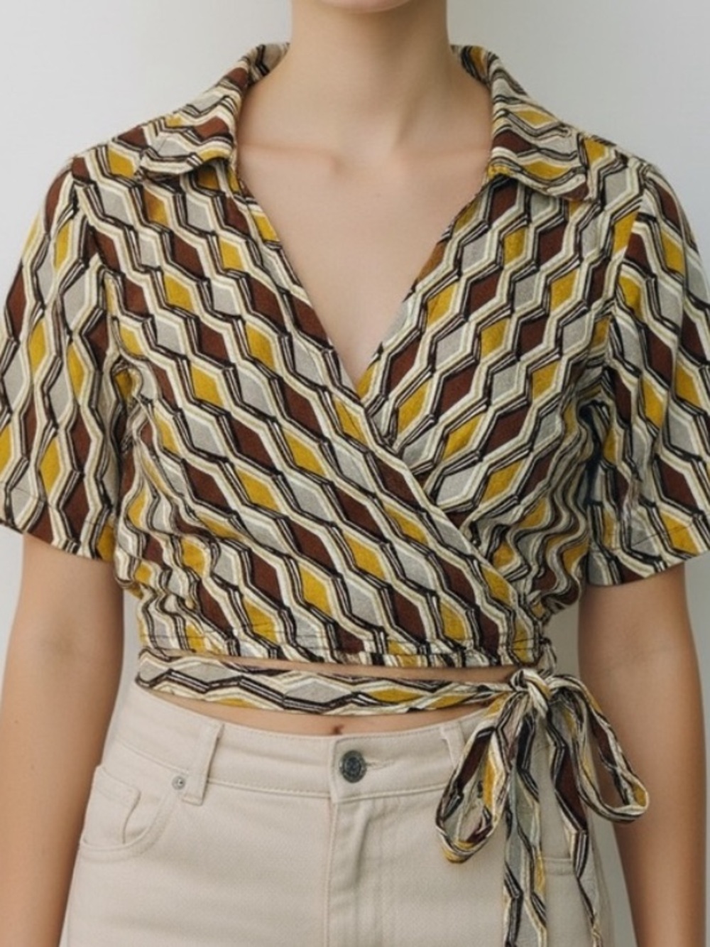 New RACHEL Rachel Roy Yellow and Brown Geometric Wrap Linen Top Tie Waist S NWOT - Picture 8 of 8